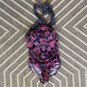 Merona Blue and Pink One Piece Halter Swimsuit with Floral Design